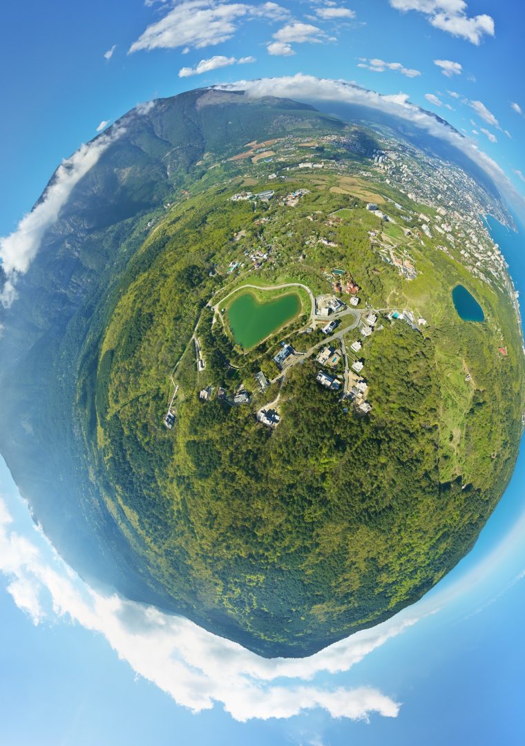 Little planet panorama of spring mountain forest, and magabi lake in form of herat